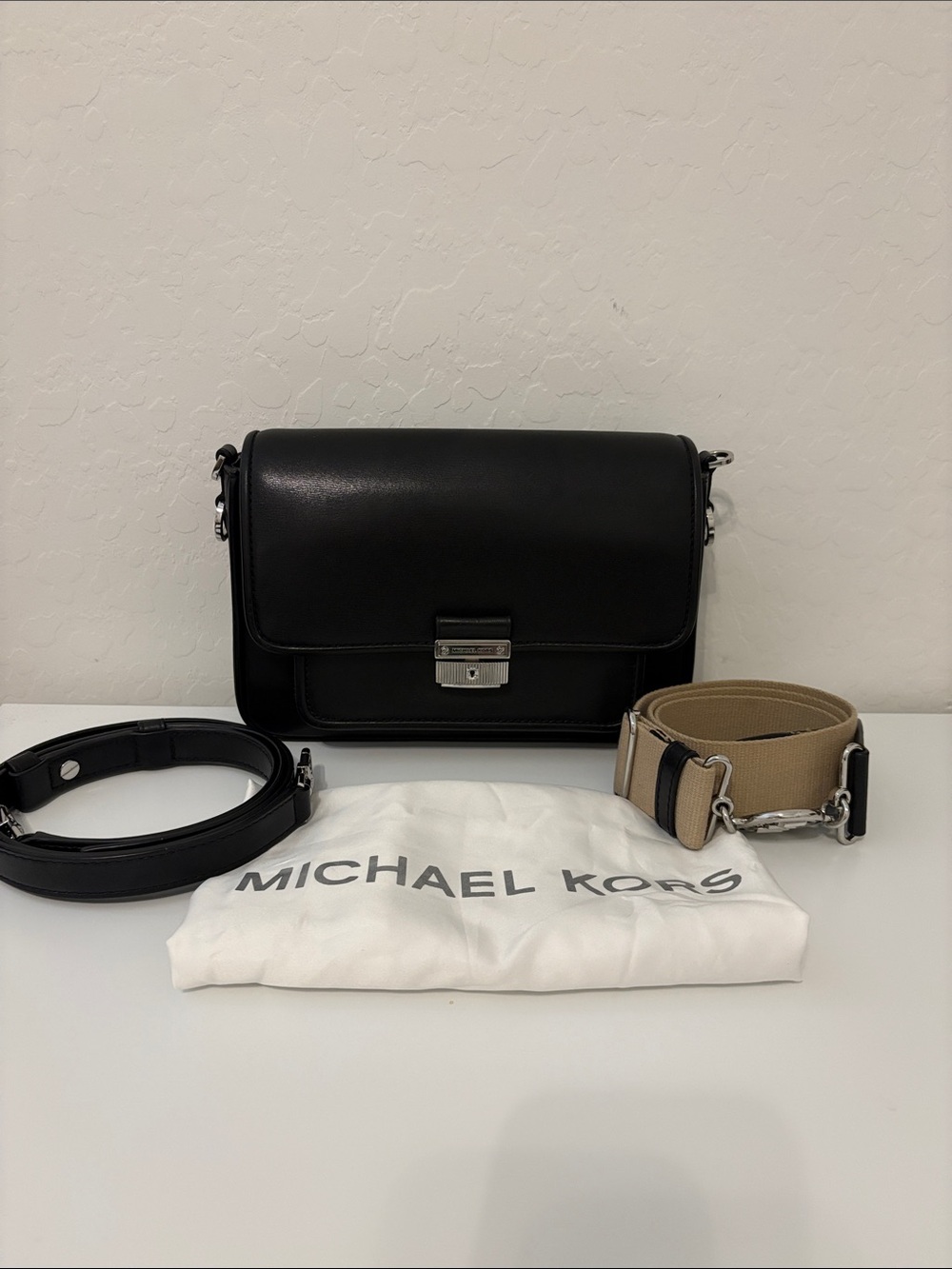 Michael Kors Black Leather Shoulder Bag with Tan Canvas Strap